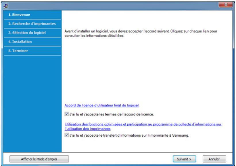 1. Bienvenue 2. Recherche d'imprimantes 3. Sélection du logiciel 4. Installation 5. Terminer Avant d'installer un logiciel, vous devez accepter l'accord suivant. Cliquez sur chaque lien pour consulter les informations détaillées. Accord de licence d'utilisateur final du logiciel ✓ J'ai lu et j'accep…