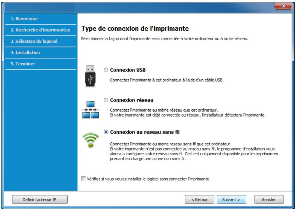 SAMSUNG SL-M2078W S - Sélectionnez Connexion au reseau sans fil sur l'écran Type de connexion de l'imprimante. Ensuite, cliquez sur Suivant. - 1