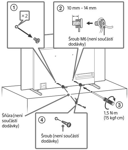 ① ×2 ② 10 mm - 14 mm Šroub M6 (není součástí dodávky) ③ 1,5 N·m {15 kgf·cm} Šňůra (není součástí dodávky) ④ Šroub (není součástí dodávky)