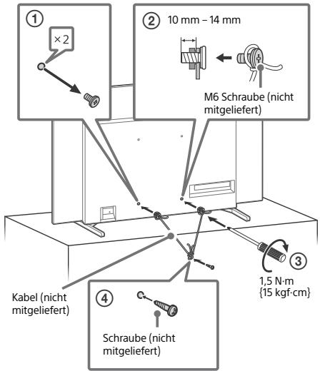 ① ×2 ② 10 mm - 14 mm M6 Schraube (nicht mitgeliefert) Kabel (nicht mitgeliefert) ③ 1,5 N·m (15 kgf·cm) ④ Schraube (nicht mitgeliefert)