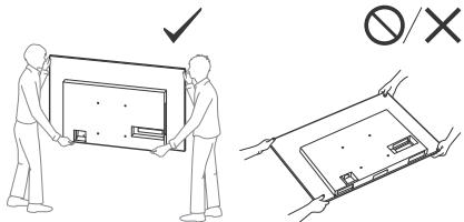 Diagram showing two scenarios: one with a person holding a monitor and another with a hand holding a device, both marked with a prohibition symbol.