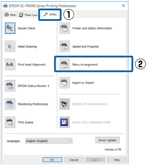 EPSON SC-P5000 - Accédez à l'onglet Utility (Utilitaire), puis cliquez sur Menu Arrangement (Disposition du menu). - 1
