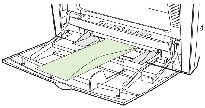 HP LASERJET COLOR 4700N - Chargez jusqu'à 20 enveloppes au centre du bac 1, la face à imprimer vers le bas et l'extrémité portant le timbre vers l'imprimante. Faites glisser les enveloppes aussi loin que possible dans l'imprimante, sans forcer. - 1