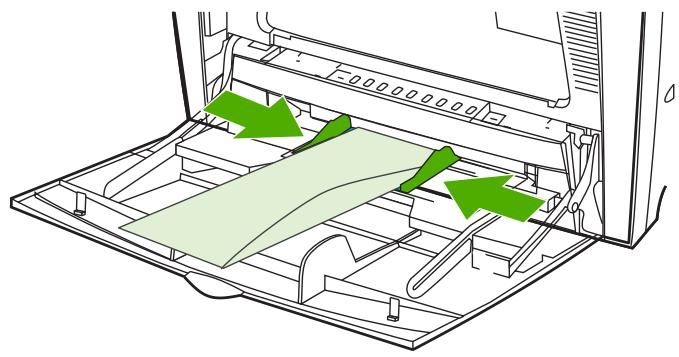 HP LASERJET COLOR 4700N - Chargez jusqu'à 20 enveloppes au centre du bac 1, la face à imprimer vers le bas et l'extrémité portant le timbre vers l'imprimante. Faites glisser les enveloppes aussi loin que possible dans l'imprimante, sans forcer. - 2