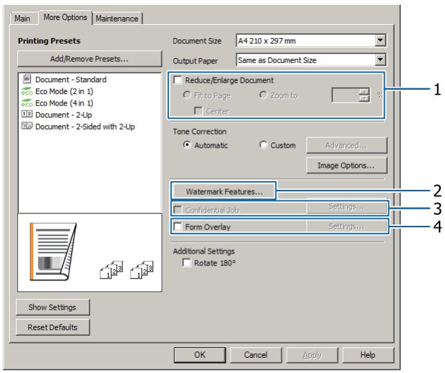 EPSON AL-M310DTN - Configuration de l'écran More Options (Plus d'options) - 1