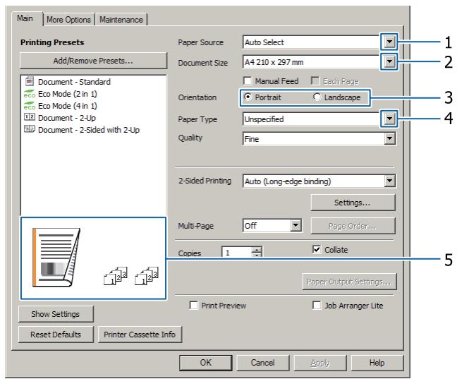 EPSON AL-M310DTN - Cliquez sur Propriétés ou Préférences d'impression. L'écran Main (Principal) du pilote d'impression s'affiche. - 1