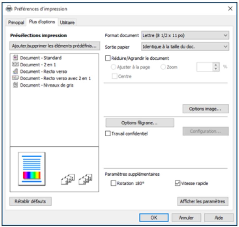 EPSON WF-6090D2TWC - Sélection des options additionnelles de mise en page et d'impression - Epson Universal Print Driver - Windows - 1