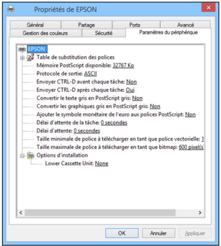 EPSON WF-6090D2TWC - Activation des bacs papier optionnels - Logiciel d'impression PostScript (PS3) - Windows - 1