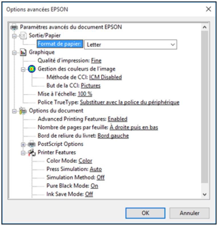 EPSON WF-6090D2TWC - Sélection des options additionnelles de mise en page et d'impression - Logiciel d'impression PostScript - Windows - 1