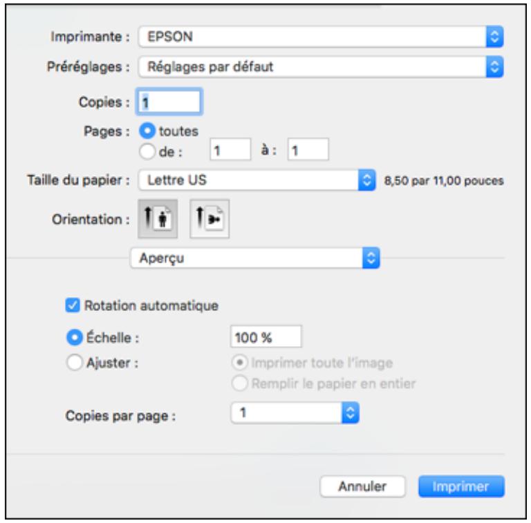 EPSON WF-6090D2TWC - Sélection des paramètres d'impression de base - Logiciel d'impression PostScript - OS X - 2
