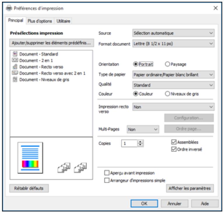 EPSON WF-6090D2TWC - Sélection des paramètres d'impression par défaut - Epson Universal Print Driver - Windows - 1