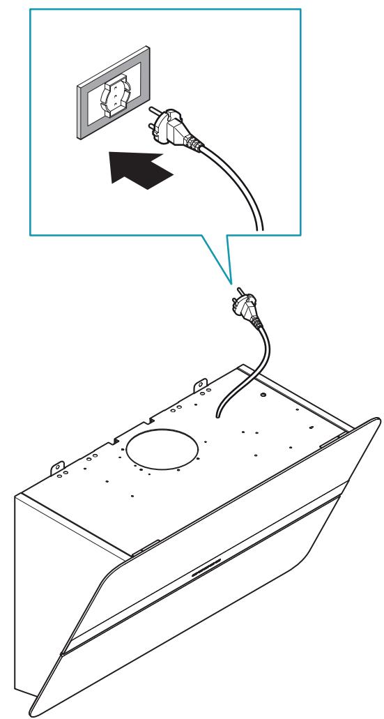 Diagram showing installation of a wall-mounted electrical outlet with a plug, including an arrow indicating the process.