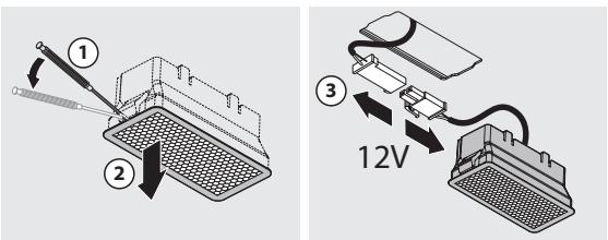 Diagram showing two electrical setups with labeled components: one with a lever and handle, the other with a 12V power supply connected to a device.