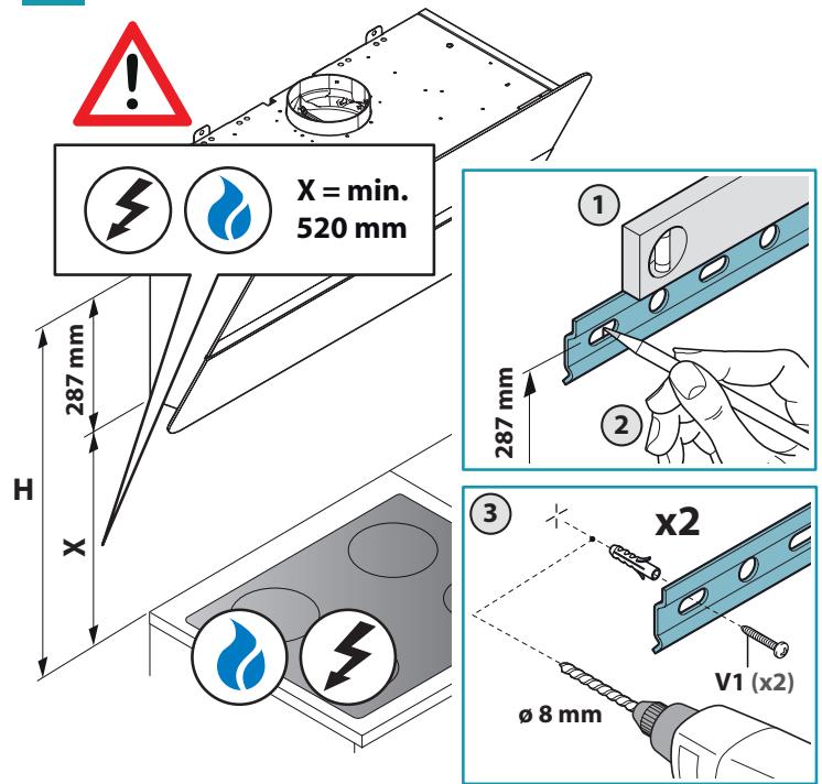 X = min. 520 mm 287 mm H X ① 287 mm ② ③ x2 ∅ 8 mm V1 (x2)