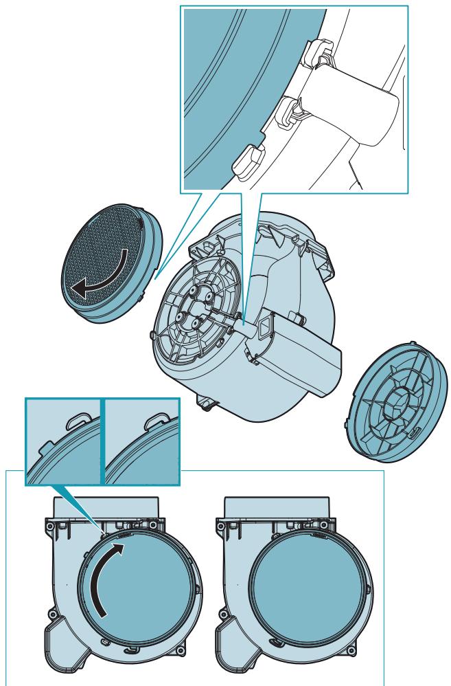 Technical diagram illustrating the assembly of a mechanical component with labeled parts and directional arrows indicating motion or assembly.