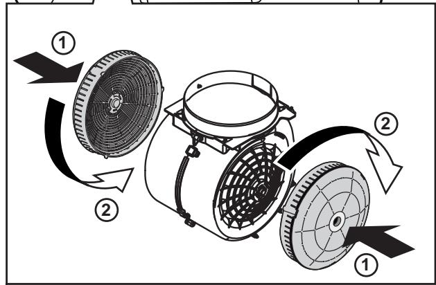 Diagram of a fan assembly with numbered components and directional arrows indicating motion or flow.