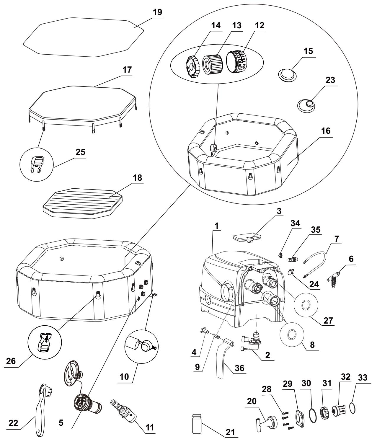 INTEX PURESPA CARBONE - DETAIL DES PIECES - 1