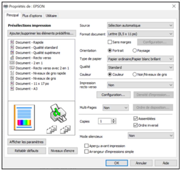 EPSON WF-7840 - La fenêtre des paramètres de l'imprimante s'affiche : - 1
