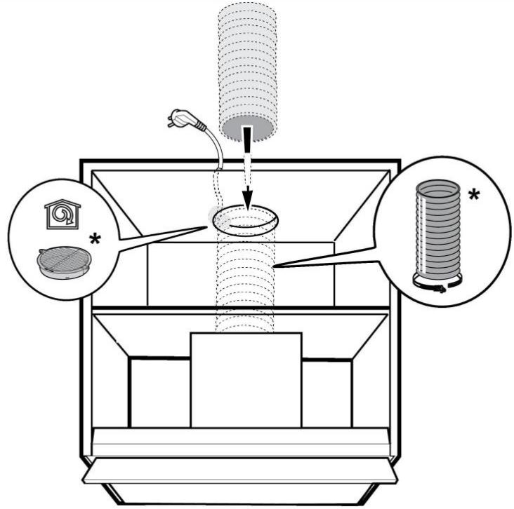 Diagram illustrating a mechanical device with labeled components and directional arrows, including a cylindrical component and two circular insets showing different parts.