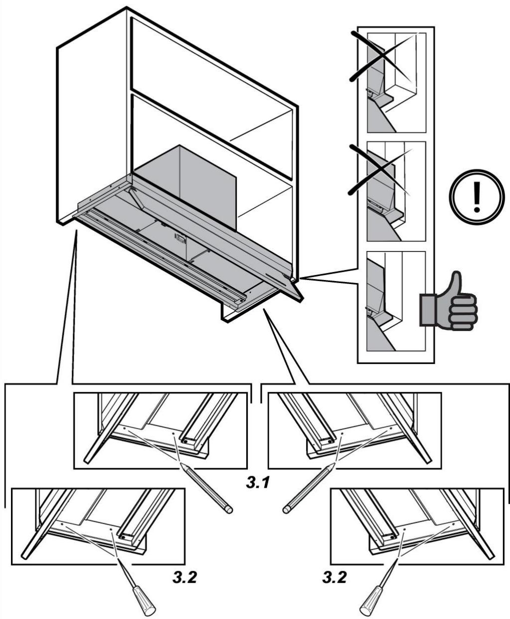 Technical diagram illustrating window frame installation steps with numbered instructions and warning symbols