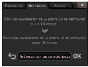 PARAMETRES INFORMATION SERVICE DERNIER CHANGEMENT DE LA BOUTEILLE DE NETTOYAGE IL Y A 10 CYCLES PROCHAIN CHANGEMENT DE LA BOUTEILLE DE NETTOYAGE DANS 15 CYCLES INSTALLATION DE LA BOUTEILLE OK