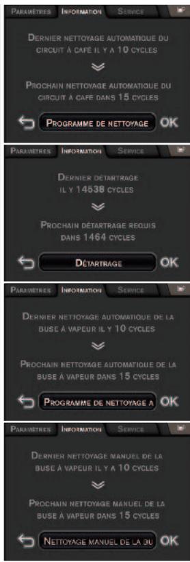 DERNIER NETTOYAGE AUTOMATIQUE DU CIRCUIT À CAFE IL Y A 10 CYCLES PROCHAIN NETTOYAGE AUTOMATIQUE DU CIRCUIT À CAFE DANS 15 CYCLES PROGRAMME DE NETTOYAGE OK DERNIER DETARTRAGE IL Y 14538 CYCLES PROCHAIN DÉTARTRAGE REQUIS DANS 1464 CYCLES DETARTRAGE OK DERNIER NETTOYAGE AUTOMATIQUE DE LA BUSE À VAPEUR IL Y 10 CYCLES PROCHAIN NETTOYAGE AUTOMATIQUE DE LA BUSE À VAPEUR DANS 15 CYCLES PROGRAMME DE NETTOYAGE A OK DERNIER NETTOYAGE MANUEL DE LA BUSE À VAPEUR IL Y A 10 CYCLES PROCHAIN NETTOYAGE MANUEL DE LA BUSE À VAPEUR DANS 15 CYCLES NETTOYAGE MANUEL DE LA 3U OK