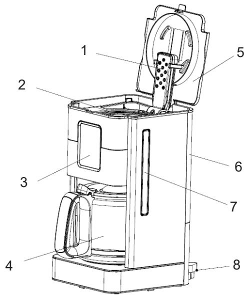 Technical diagram of a coffee maker with numbered parts for identification