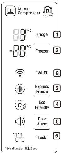 Linear Compressor *Extra function : Hold 3 sec. Fridge Freezer *Wi-Fi Express Freeze Eco Friendly Door Alarm *Lock