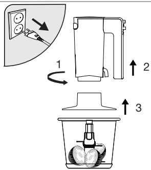 Diagram illustrating three-step cooking process: electric power plug, mixing bowl with tray, and final container with fruit.