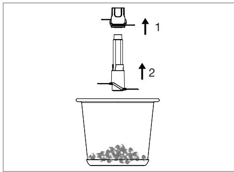 Diagram showing a mechanical device with two upward arrows labeled 1 and 2, above a container filled with granular material.