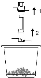 Diagram showing a mechanical device above a container with particles, labeled with arrows 1 and 2 indicating direction or components.