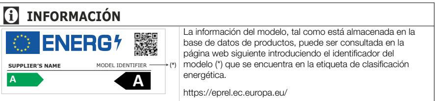 INFORMACIÓN ENERG SUPPLIER'S NAME MODEL IDENTIFIER (*) A A La información del modelo, tal como está almacenada en la base de datos de productos, puede ser consultada en la página web siguiente introduciendo el identificador del modelo (*) que se encuentra en la etiqueta de clasificación energética. https://eprel.ec.europa.eu/