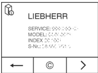 LIEBHERR CBNEF 4835  -  CBNEF4835-21 - Appeler à l'écran la désignation de l'appareil (modèle et index), le n° de service (service) et le n° de série (n° S) ainsi que les fonctions avancées : - 1