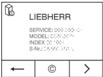 LIEBHERR SBSES8773-20 - Appeler à l'écran la désignation de l'appareil (modèle et index), le n° de service (service) et le n° de série (n° S) ainsi que les fonctions avancées : - 2