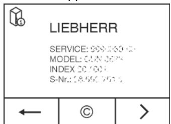 LIEBHERR K 4310 Comfort - K4310-20 - K 4310-20 - Visualizzare sulla schermata la denominazione dell'apparecchio (Model e Index) il n. di assistenza (Service), il numero di series (S-Nr.) e funzioni avanzate: - 1
