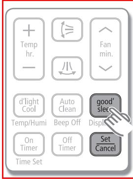 + Temp hr. - Fan min. d'light Cool Auto Clean good' Sleep Temp/Humi Beep Off Display On Timer Off Timer Set Cancel Time Set
