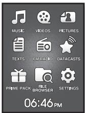 MUSIC VIDEOS PICTURES TEXTS FM RADIO DATACASTS PRIME PACK FILE BROWSER SETTINGS 06:46 PM
