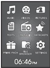MUSIC VIDEOS PICTURES TEXTS FM RADIO DATACASTS PRIME PACK FILE BROWSER SETTINGS 06:46PM