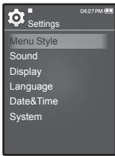 Settings Menu Style Sound Display Language Date&Time System