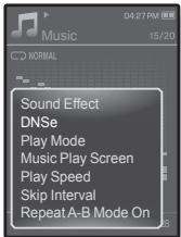 04:27 PM Music 15/20 NORMAL Sound Effect DNSe Play Mode Music Play Screen Play Speed Skip Interval Repeat A-B Mode On