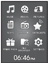 MUSIC VIDEOS PICTURES TEXTS FM RADIO DATACASTS PRIME PACK FILE BROWSER SETTINGS 06:46PM