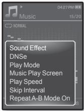 04:27 PM Music 15/20 NORMAL Sound Effect DNSe Play Mode Music Play Screen Play Speed Skip Interval Repeat A-B Mode On