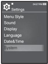 Settings Menu Style Sound Display Language Date&Time System
