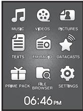 MUSIC VIDEOS PICTURES TEXTS FURADIO DATACASTS PRIME PACK FILE BROWSER SETTINGS 06:46PM