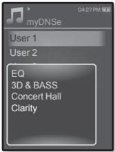 myDNSe 04:27 PM 停止 User 1 User 2 EQ 3D & BASS Concert Hall Clarity