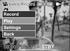 Video Record SF / 720 N Record Play Settings Back 00:00 / 10:57 STBY