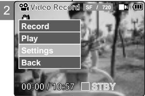 2 Video Record SF / 720 Record Play Settings Back 00:00 / 10:57 STBY
