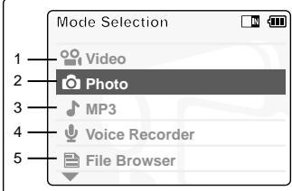Mode Selection 1 Video 2 Photo 3 MP3 4 Voice Recorder 5 File Browser