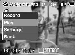 Video Record SF / 720 Record Play Settings Back 00:00 / 10:57 STBY