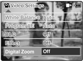 Video Settings White Balance Auto Program AE Auto BLC Off Effect Off Digital Zoom Off